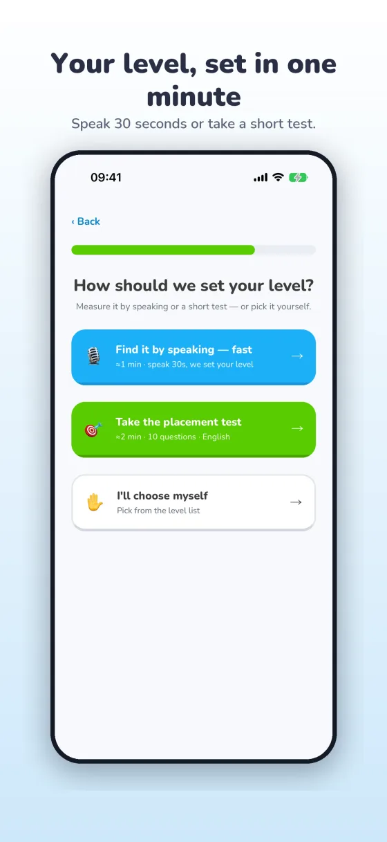 The level screen showing progress from A1 to C1