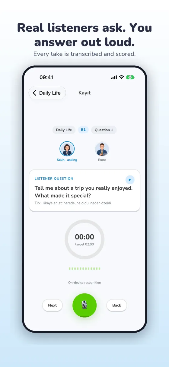 A practice screen showing live transcription of the speaker's answer