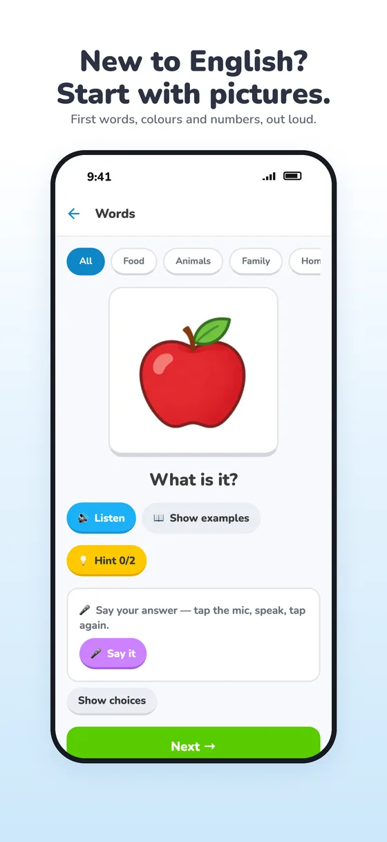 Starter screen: a picture of an apple with the question What is it? and Listen, Hint and Say it buttons